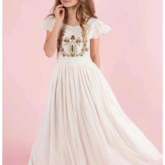Charming Ivory Kids Dress with Gold Accents - Picture 1 of 11